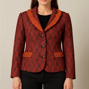 Vintage Korean Designer Baroque Lace Statement Blazer Jacket Red Black